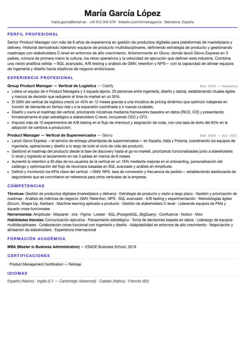 Currículum generado por OffersPath para Senior Product Manager en Glovo